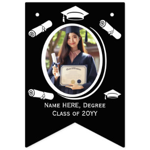 Elegant Black, White Photo Graduation Cap, Diploma Bunting Flags