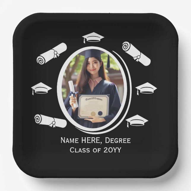 Elegant Black & White Photo Graduation Cap Diploma Paper Plates (Front)