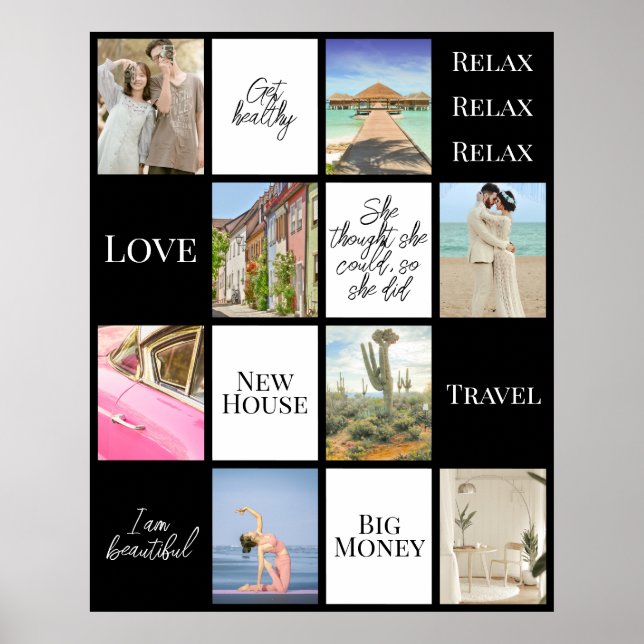Elegant Black White Photo Grid Vision Board Poster (Front)