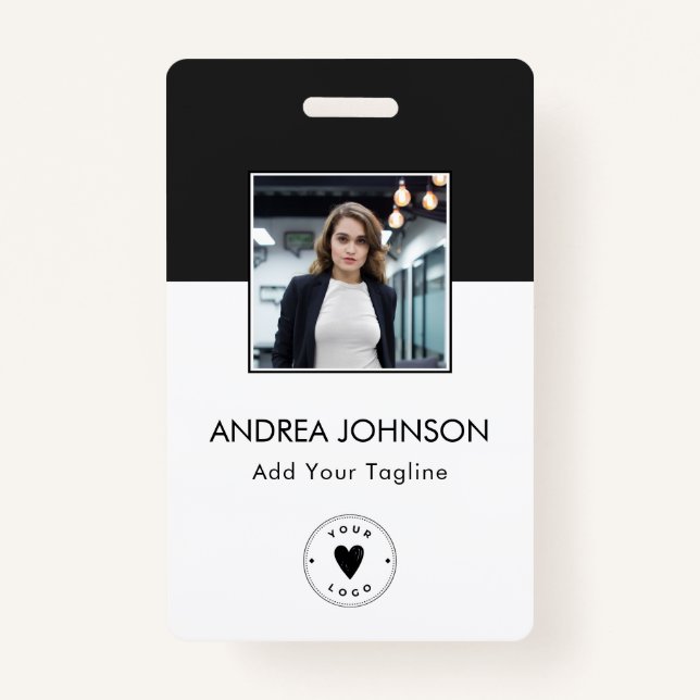 Elegant Black & White Photo Logo Bar Code & Name Badge (Front)