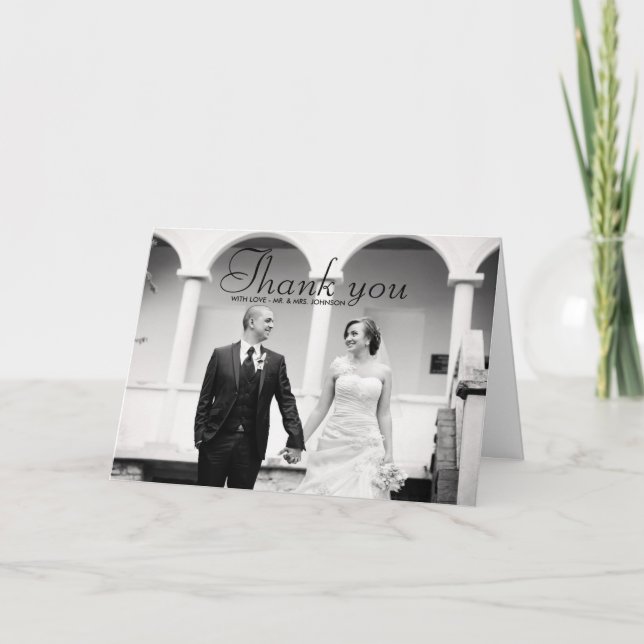 Elegant Black & White Photo Wedding Thank You Card (Front)