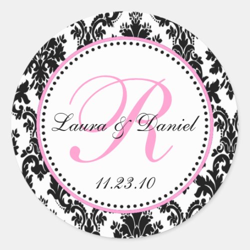 Elegant Black White Pink Damask  Classic Round Sticker