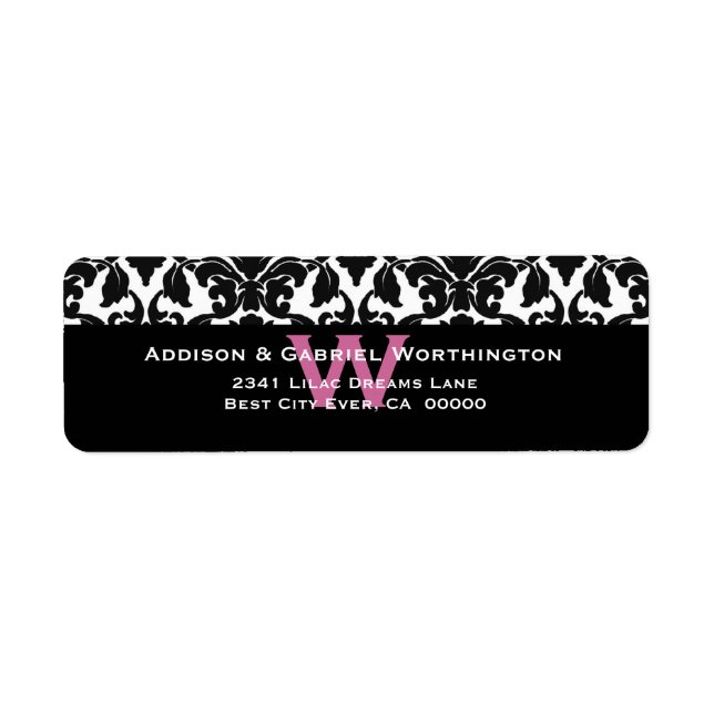 Elegant Black White Pink Damask Wedding S547 Label (Front)
