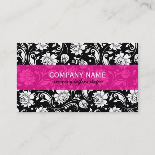 Elegant Black White  Pink Floral Damasks Business Card