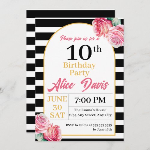 Elegant Black White Pink Rose Birthday Party  Invitation