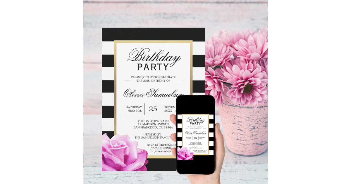 Elegant Black White Pink Rose Birthday Party Invitation