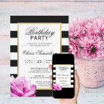Elegant Black White Pink Rose Birthday Party Invitation at Zazzle