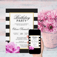 Elegant Black White Pink Rose Birthday Party