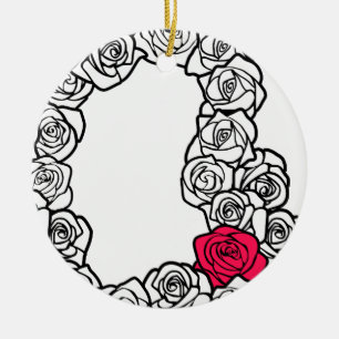 Elegant Black White Pink Roses Floral Pattern Ceramic Ornament