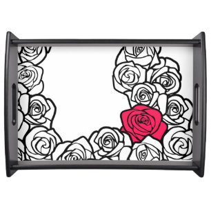 Elegant Black White Pink Roses Floral Pattern Serving Tray