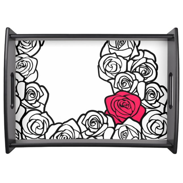 Elegant Black White Pink Roses Floral Pattern Serving Tray (Front)