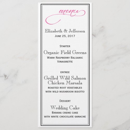 Elegant Black White Pink Script Wedding Menu Card