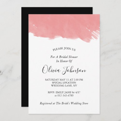 Elegant Black White  Pink Watercolor Bridal Shower Invitation