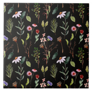 Elegant black white &pink wildflower watercolor ceramic tile