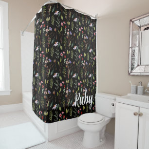 Elegant black white &pink wildflower watercolor shower curtain