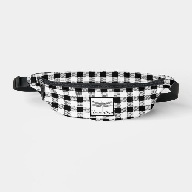Elegant black white plaid gingham dragonfly  fanny pack (Front)