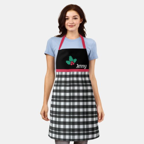 Elegant Black  White Plaid Personalized Christmas Apron