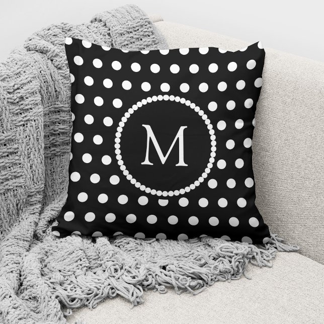 Elegant Black White Polka Dots Monogram Throw Pillow (Creator Uploaded)