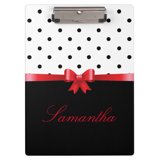 Elegant Black white polka dots red bow Personalize Clipboard (Front)