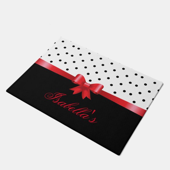 Elegant Black white polka dots red bow Personalize Doormat (Angled)