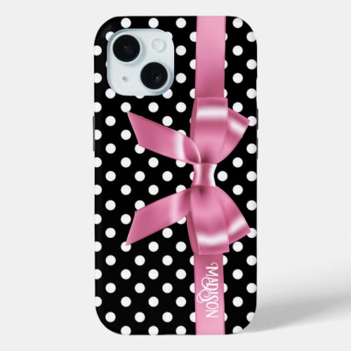 elegant black white polkadots pink bow  iPhone 15 case