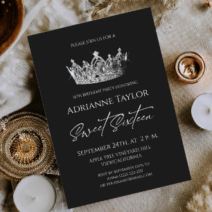 Elegant Black White Princess Sweet 16 Invitation
