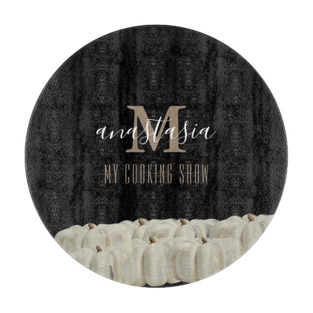 Elegant Black White Pumpkin Monogram Round Cutting Board (Front)