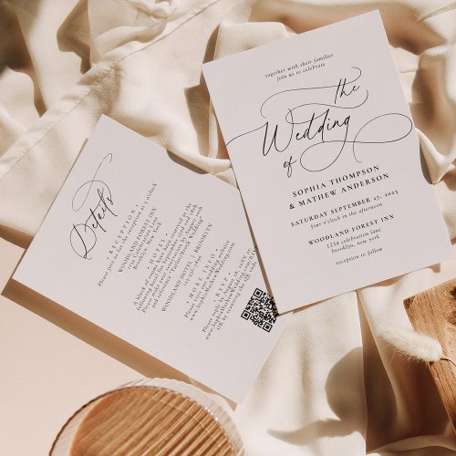 Elegant Black White QR Code All in one Wedding Invitation