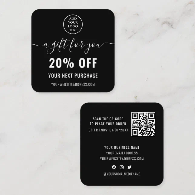 Elegant Black White QR Code Loyalty Business Logo Discount Card Zazzle