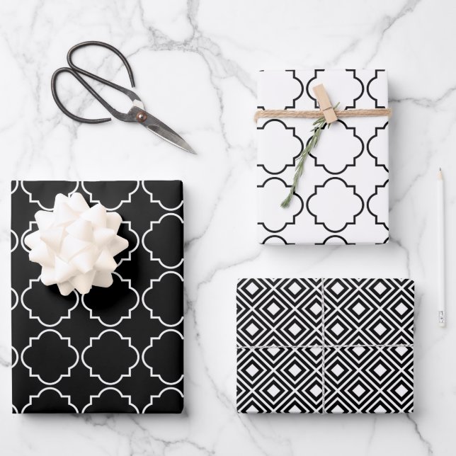 Elegant black & white quatrefoil pattern Christmas Wrapping Paper Sheets (Front)
