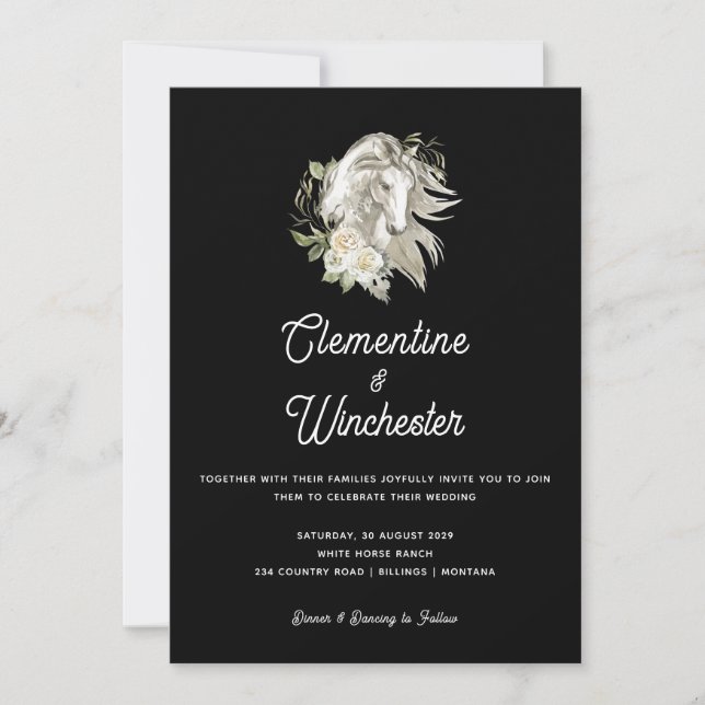 Elegant Black White Ranch Floral Horse Wedding  Invitation (Front)