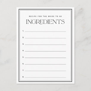 Elegant Black White Recipe Request Bridal Shower Invitation Postcard