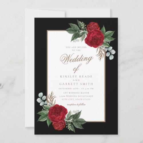 Elegant Black  White Red Floral Gold Calligraphy Invitation