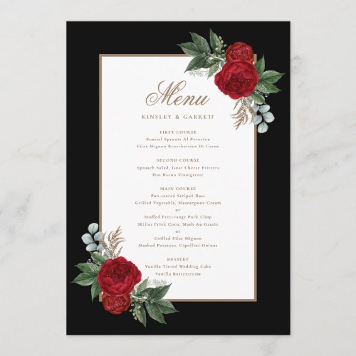 Elegant Black  White Red Floral Gold Calligraphy Menu