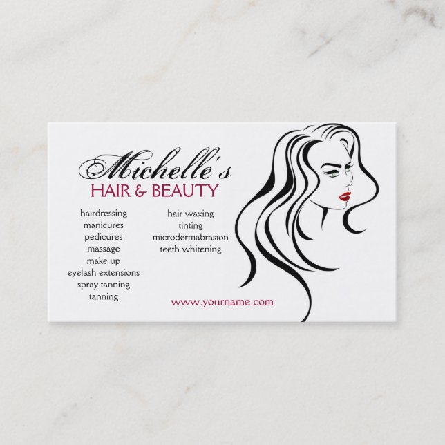 Elegant Black White Red Hair Styling Beauty Girl Business Card (Front)
