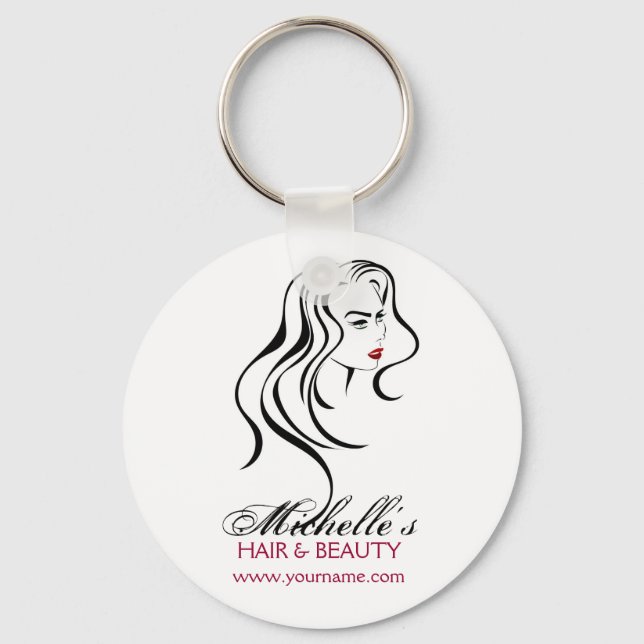 Elegant Black White Red Hair Styling Beauty Girl Keychain (Front)