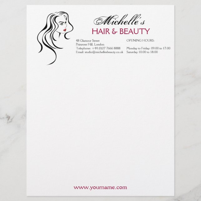 Elegant Black White Red Hair Styling Beauty Girl Letterhead (Front)