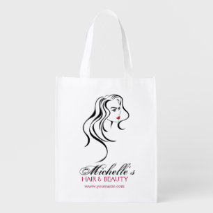 Elegant Black White Red Hair Styling Beauty Girl Reusable Grocery Bag