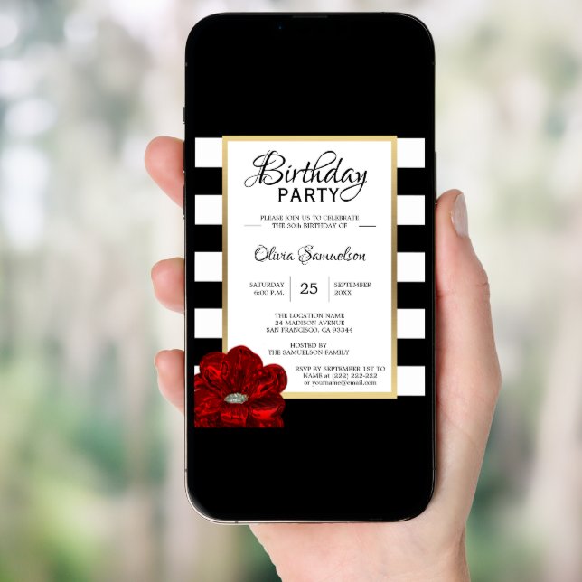 Elegant Black White Red Rose Birthday Party Invitation (Front Digital)