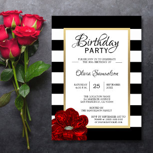 Elegant Black White Red Rose Birthday Party Invitation
