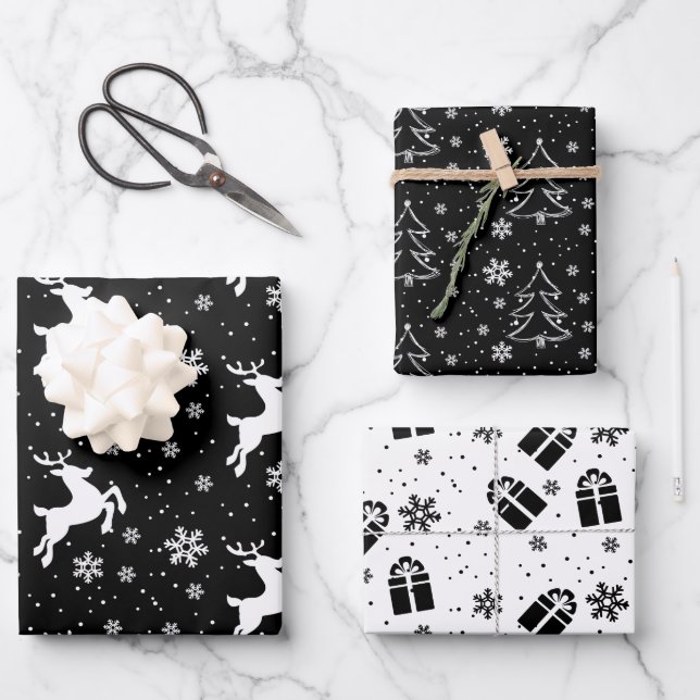 Elegant Black White Reindeer & Christmas Tree Wrapping Paper Sheets (Front)