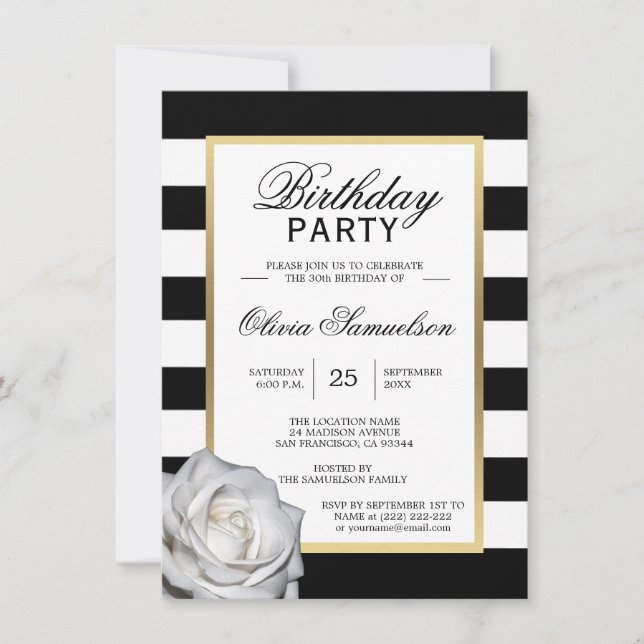 Elegant Black White Rose Birthday Party Invite (Front)