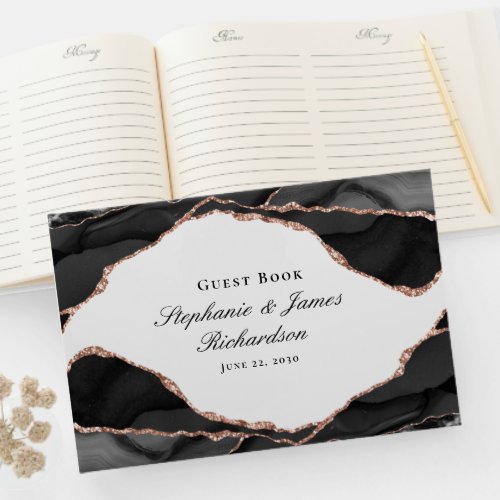 Elegant Black White Rose Gold Foil Agate Wedding Guest Book