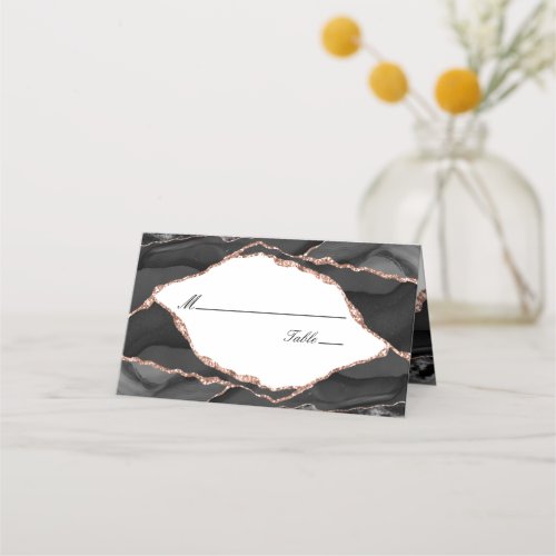 Elegant Black White Rose Gold Foil Agate Wedding Place Card
