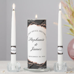 Elegant Black White Rose Gold Foil Agate Wedding Unity Candle Set