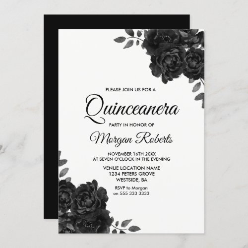 Elegant Black  White Rose Quinceanera Invitations