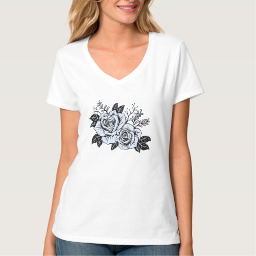 Elegant Black  White Rose Tattoo Clipart T_Shirt