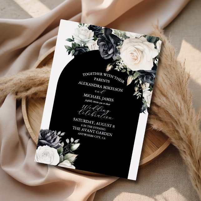 Elegant Black White Rose Wedding Foil Invitation (Creator Uploaded)