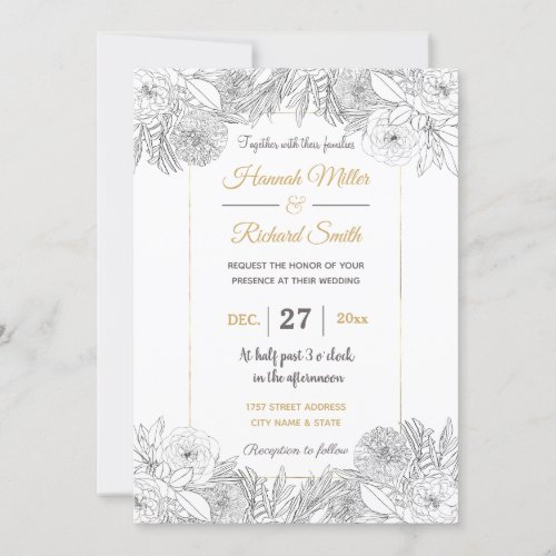 Elegant Black White Roses and Marigold Flowers Invitation