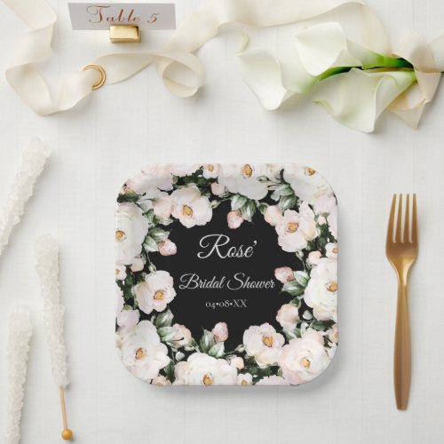 Elegant Black White Roses Bridal Shower Paper Plates